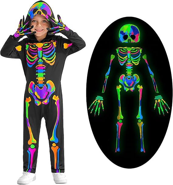 Weixinbuy Kids Halloween Skeleton Costumes Toddler Luminous Scary Skull Bones Jumpsuit Glow in the Dark Outfit for Child Baby - skeleton