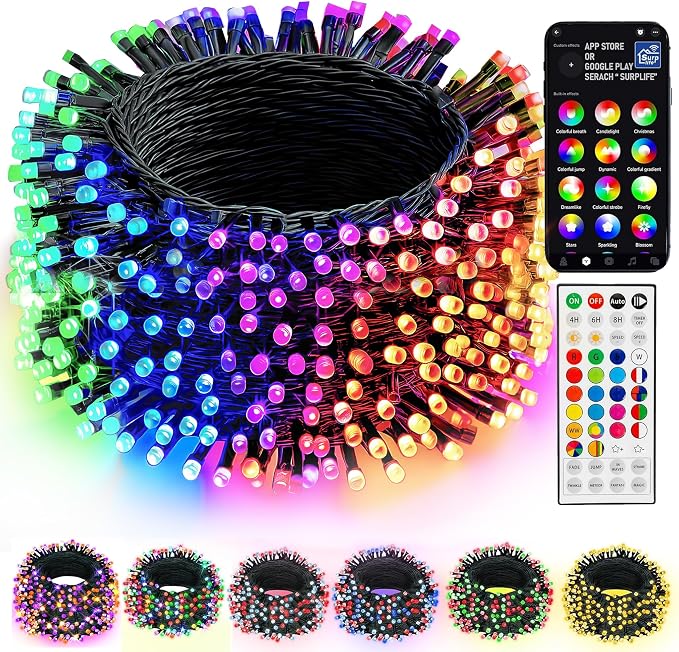 Dazzle Bright Smart Christmas String Lights, 98FT 300 LED RGB Color Changing String Lights with Remote & App Controlled, Halloween Decorations for Indoor Outdoor Holiday Xmas Tree Party Decor - string light
