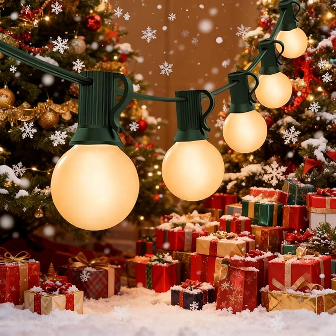 G40 Frosted White Christmas Lights Outdoor 25Ft Globe Christmas Decorations Lights with 27 Frosted White Bulbs, Hanging Globe Outdoor String Lights for Xmas Tree Wedding Backyard Party, Green Wire - string light