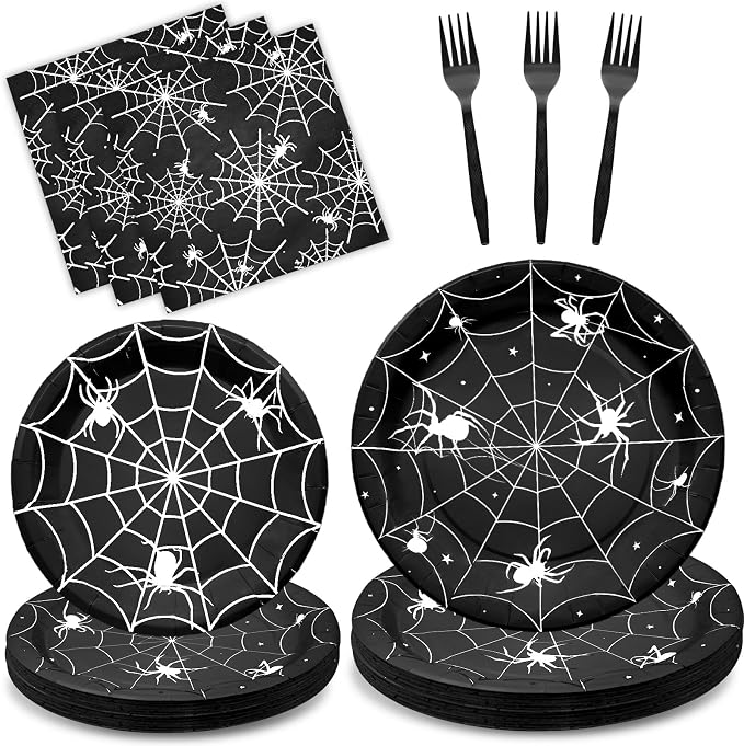 96 Pieces Halloween Spider Web Tableware Party Supplies - Disposable Dinnerware Set with Paper Plates, Napkins, and Forks for Spooky Halloween Party Supplies, Birthday Decorations - Serves 24 (Black) - skull plate
