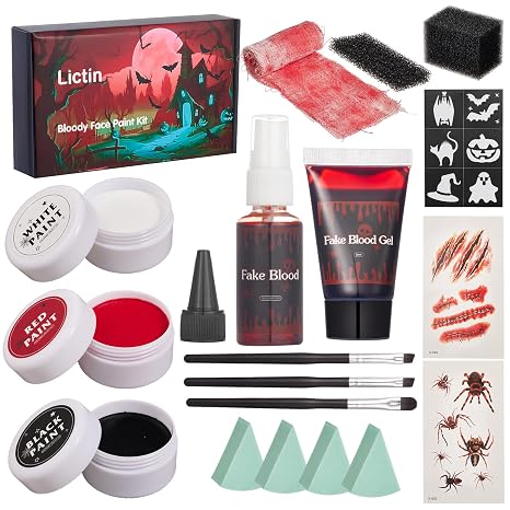 Lictin Special Effects SFX Zombie Makeup Kit, Black White Red Colors Face Body Painting Palette with Scar Wax, Fake Blood Spray & Gel, Vampire Skeleton Clown Makeup Body Paint (18PCS) - sugar skull makeup