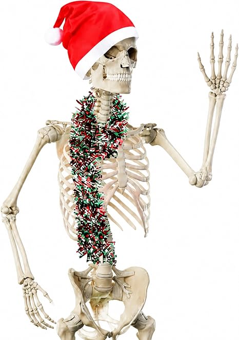 Evervibe Christmas 12 ft Skeleton Outfit, 44" Santa Hat 80" Tinsel Garland - skeleton