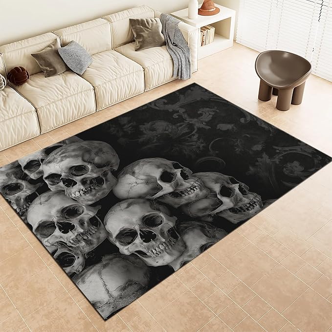 Skull Black Skull Area Rug for Living Room, 2 X 3 Ft Machine Washable Area Rug Non-Slip Stain Resistant Carpet, Low-Pile Indoor Floor Carpet for Bedroom Office Dining Home Decor, Gothic - skull carpet