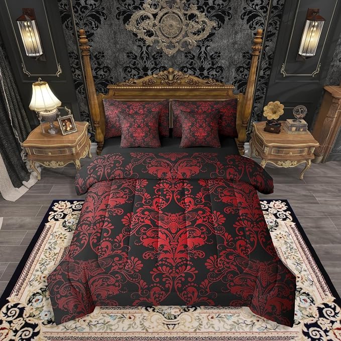 Erosebridal Gothic Damask 7 Piece Comforter Set Full Bed in a Bag,Exotic Moth Bedding Sets Red Black Victorian Floral Goth Sheet Set with Comforter - skull bedding