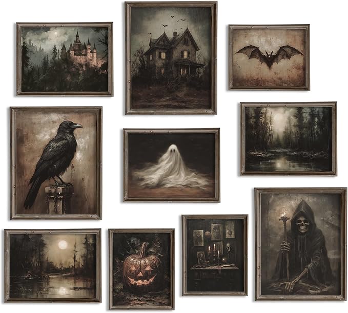 Whaline 10Pcs Halloween Dark Wall Art Prints Creepy Halloween Aesthetic Paper Posters Witchy Picture Decorations for Gallery Living Room Bedroom Office, Unframed