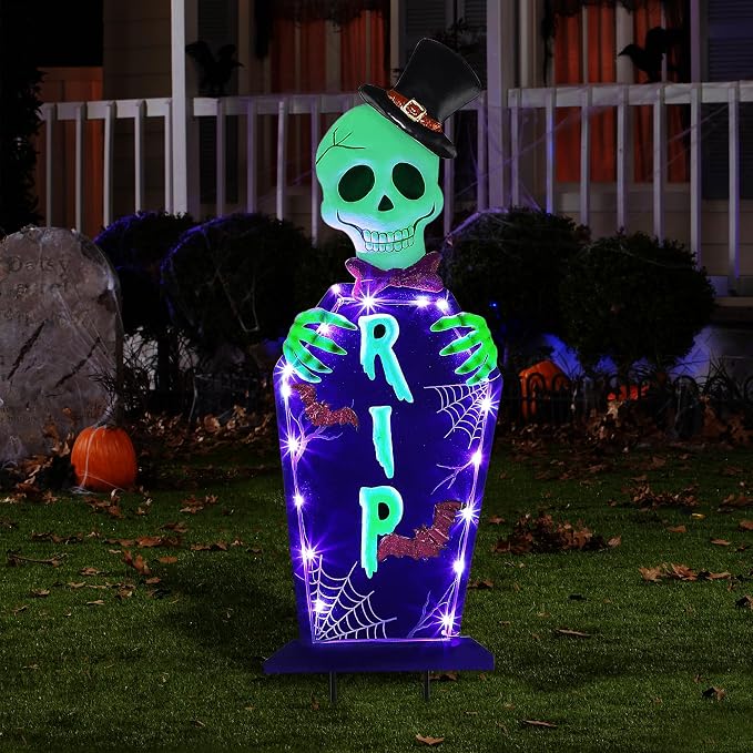 Joliyoou Halloween Yard Stake, 26.4" Solar Lighted Metal Tombstone - string light