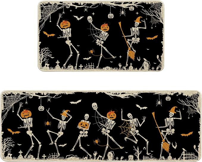 Halloween Kitchen Mat Set of 2, Skeleton Black Halloween Kitchen Rugs Decor
