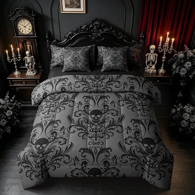 Erosebridal Gothic Damask Bed in a Bag Queen Comforter Set 7 Piece,Sugar Skull Bedding Sets Black Grey Victorian Floral Goth Sheet Set with Comforter - skull bedding