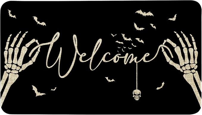 Halloween Welcome Mat, Skeleton Hand Halloween Front Door Mat Outdoor Funny Non-Slip Washable Skull Spooky Halloween Doormat Outdoor Rug, Black, 17″x30″