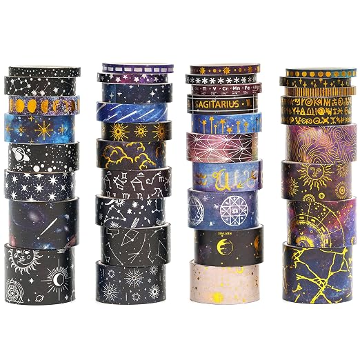 36 Rolls Galaxy Washi Tape Pack Stars Arts Adhesive Tapes Gold Silver Foil Decorative Masking Tape Sets for Craft, Kids, Scrapbook, DIY, Gift Wrapping (Constellation 36 Rolls) - skull sticker