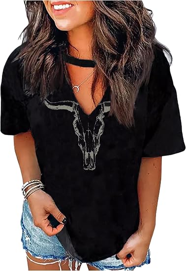 Hollow Out T Shirts for Women Nashville Western Graphic Shirts Country Cowgirls Shirts Casual Short Sleeve V Neck Tops - skull tshirt