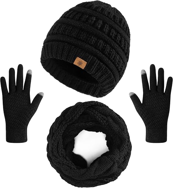 Winter Beanie Hat Scarf Gloves Set, Thick Knit Skull Cap Touch Screen Gloves Neck Scarf for Women Men - skull hat