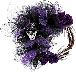 16 Inch Halloween Wreaths for Front Door Skull Wreath with Purples Black Artificial Roses Simulation Gothic Garland Creepy Decor for Indoor Outdoor Home Halloween Festival Decoration(Purples) - skull wreath
