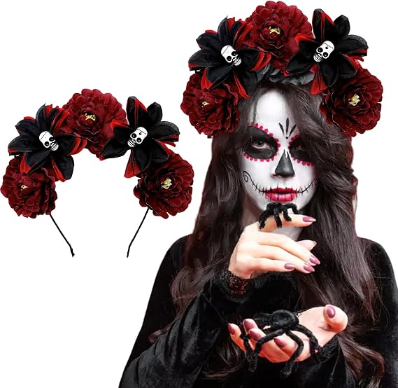 AUOCATTAIL Halloween Skull Rose Headband Mexican Red Flower Crown Gothic Horror Headwear for Party Costume Cosplay Headwear - sugar skull costume