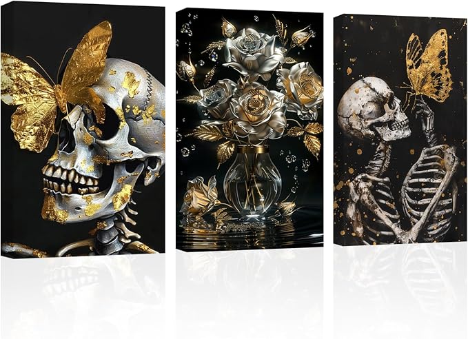SWQYLB Black and Gold Skull Wall Art 3 Pieces Skeleton and Golden Butterfly Canvas Prints Abstract Floral Picture Poster Gothic Themed Halloween Wall Decor (12.00″ x 16.00″ x 3PCS)