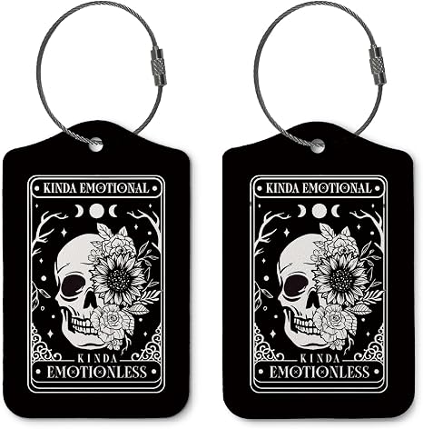Gothic Skull Luggage Tags for Suitcases 2 Pack, Kinda Emotional Kinda Emotionless Floral Skull Tarot PU Leather Bag Tag with Privacy Cover Stainless Steel Loop, Gifts for Women - skull suitcase
