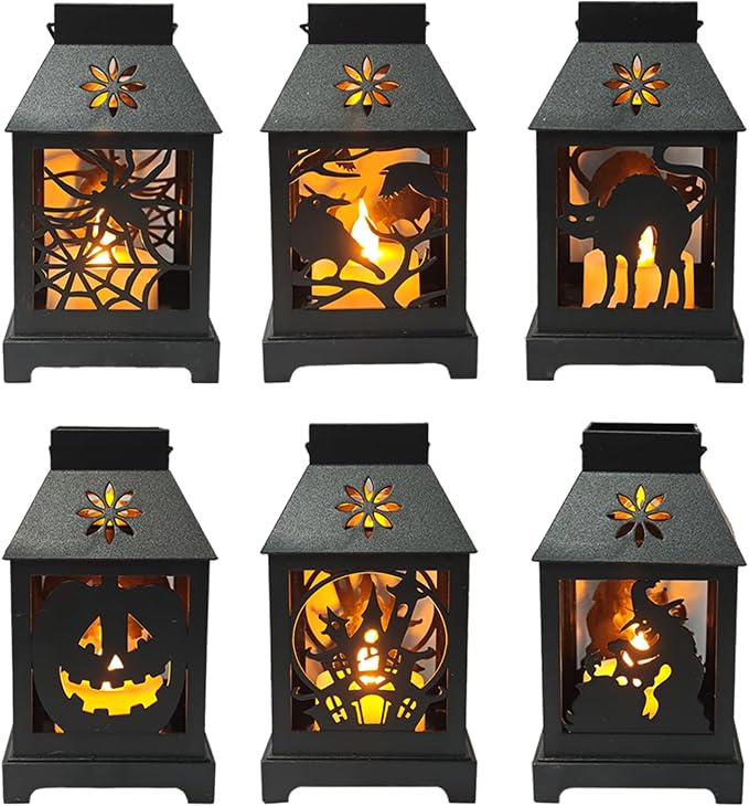 Tujoe 6 Pcs Halloween Mini Lantern with LED Candle, 4.5" Hanging Decoration - skull lamp