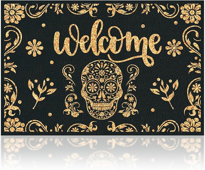 Teenyyou Day of The Dead Doormat 24 x 16 Inch Sugar Skull Welcome Door Mat - skull wreath