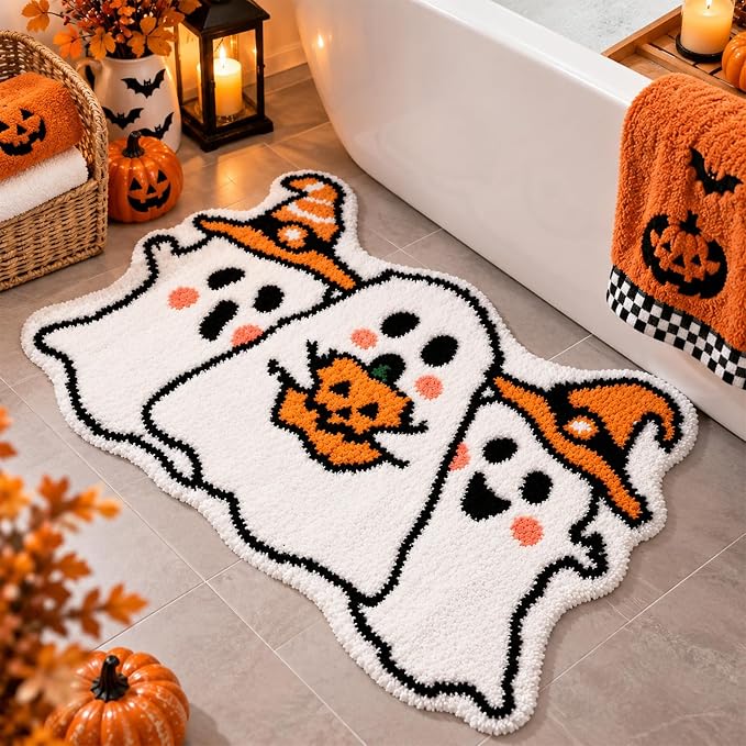 JarThenaAMCS Halloween Bath Mat Ghost Pumpkin Bathroom Rug Non Slip Spooky Bath Carpet for Halloween Home Decoration - skull carpet