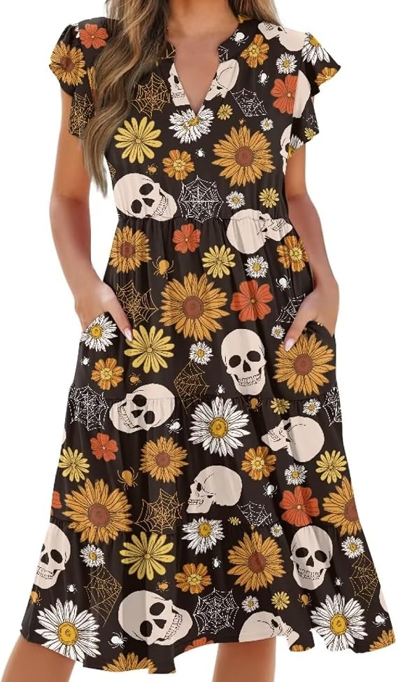 Women’s Elegant Flowy Dress Casual Floral Sundress V-Neck Short Sleeve Dresses A-Lined Tiered Midi Dresses