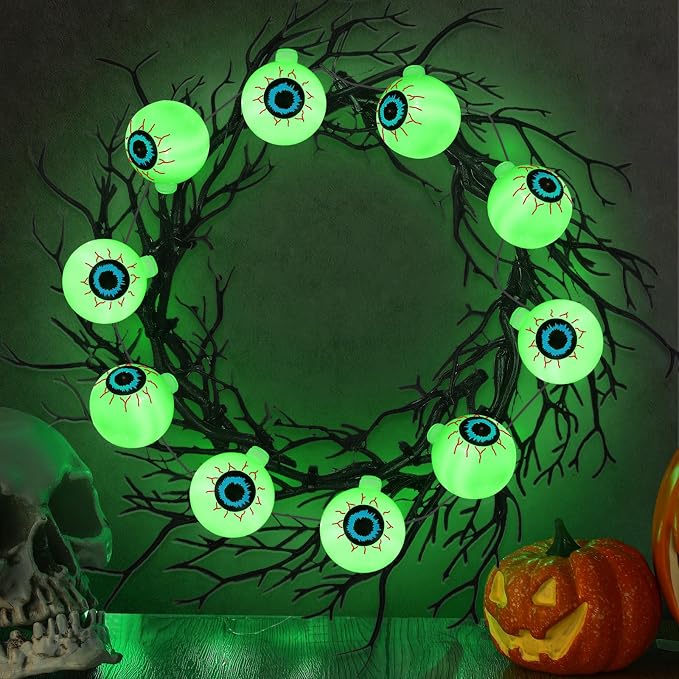 Dingion 18” Halloween Eyeball Wreath for Front Door Light up Wreath