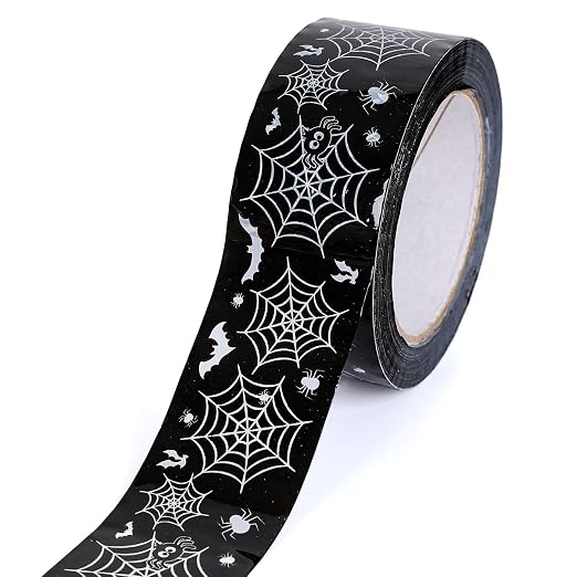 Whaline 109 Yard Halloween Packaging Tape Black Spider Web Bat Spider Pattern Tape Waterproof Shipping Tape for Small Business DIY Crafts Box Carton Decor - skull sticker