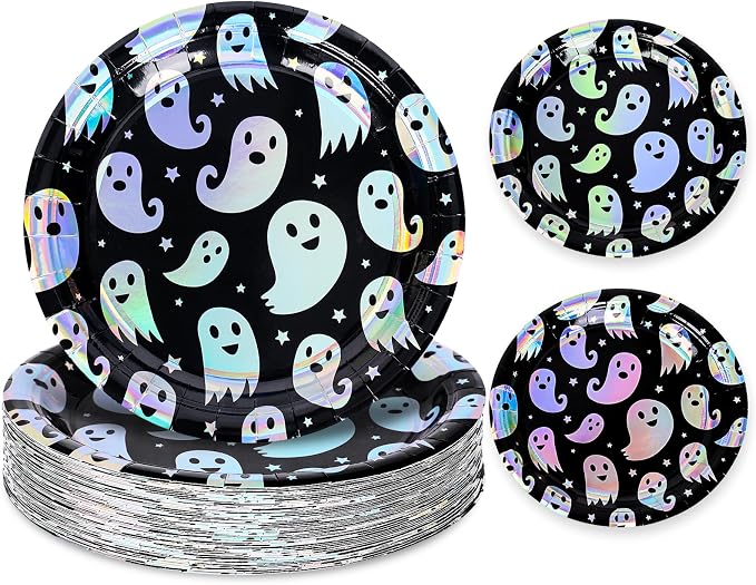 Whaline 50Pcs Iridescent Halloween Black Disposable Party Plates Silver Laser Ghost Paper Plates Color-Changing Holographic Dinner Plates for Spooky Kitchen Supplies, 9 Inch - skull plate
