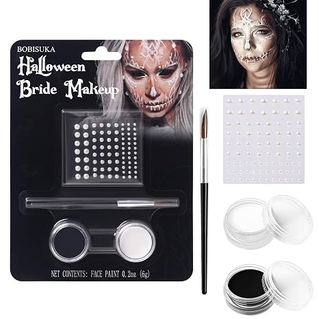 BOBISUKA Black & White Face Paint Kit, Halloween Makeup Kit Includes Paint, Brush, Costume Accessories Crystal Sheet for Skeleton SFX Makeup - sugar skull makeup