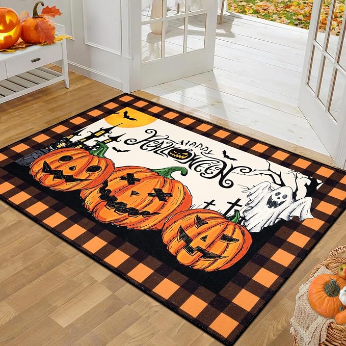 Pauwer Halloween Door Mat 32″x48″ Indoor Welcome Mat, Orange Plaid