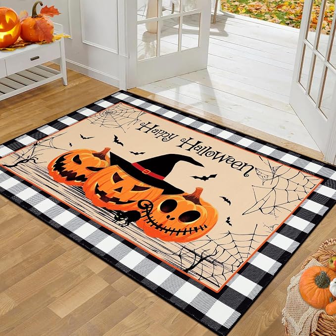 Pauwer Halloween Door Mat 32″x48″ Indoor Welcome Mat, Black Plaid
