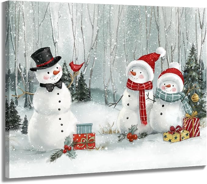 Snowmen Christmas Wall Art Canvas: Cute Christmas Pictures Wall Decor Winter Painting Posters Artwork Prints, Christmas Decorations Indoor Framed 15"x12" - skull painting