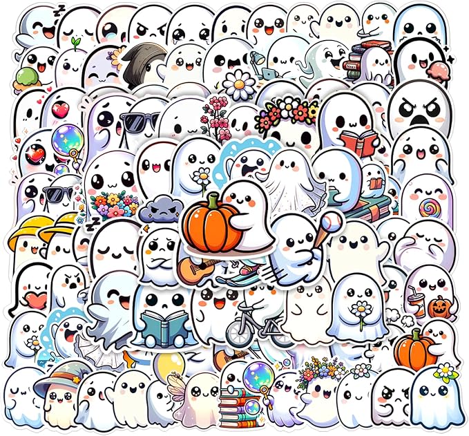 100 PCS Halloween Ghost Theme Vinyl Stickers, Cute Ghost Decorative Stickers for Parties, Suitable for Children, Teens, and Adults, Ideal for Water Bottles, Laptops, and Cups - skull sticker