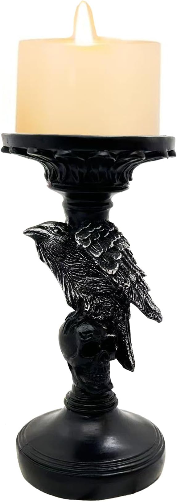 Skull Candlestick Holder for Halloween Decoration, Raven Skull Skeleton Spooky Decor Pillar Candle Holder, Antique Creepy Skeleton Black Taper Candle Holders for Halloween Christmas - skull candle