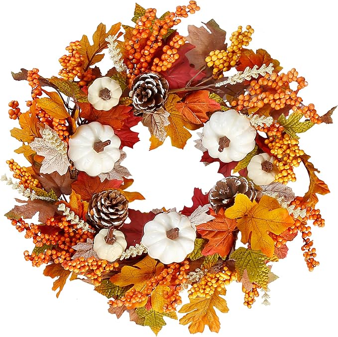 Sggvecsy Fall Wreath 20’’ Autumn Front Door Wreath Harvest Wreath with White Pumpkins Berries Maple Leaves Pine Cones Grain for Outside Indoor Home Wall Festival Thanksgiving Autumn Farmhouse Decor