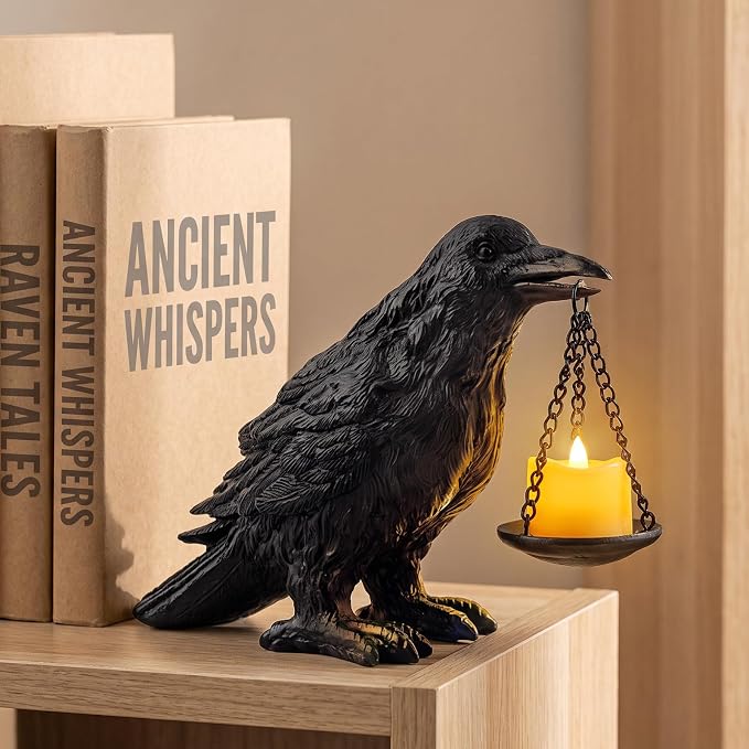 Gothic Crow Lamp with Tealight Candle Holder Resin Raven Decor Statue Gothic Home Decor for Bedroom Unique Goth Gifts Black - skull candle