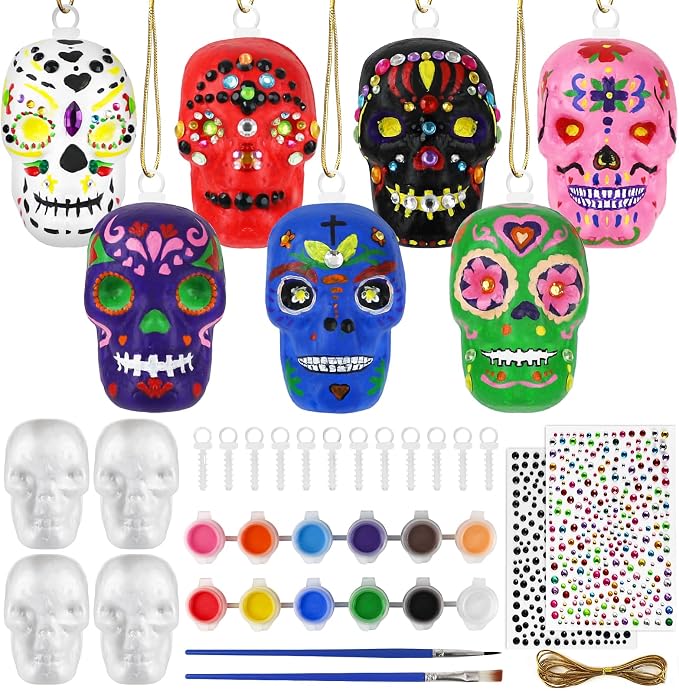 12PCS Day of the Dead Ornaments-Dia De Los Muertos Sugar Skull Decorations Crafts Kit, DIY Halloween Hanging Foam Skeleton Head Decor for Altar De Muertos Halloween Party Christmas Tree Decorations - sugar skull ornament