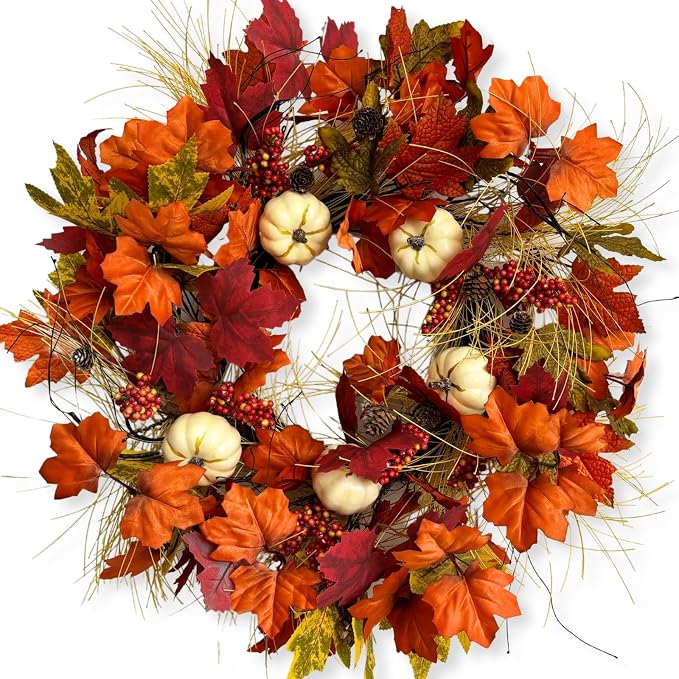 Jobflower 24 inch Fall Wreaths for Front Door with Pumbkin and Maple - skull wreath