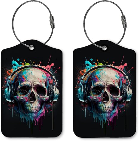 Gamer Gifts Luggage Tags for Suitcases,Skull with Headphones 2 Pack Baggage Tag Label with Steel Loop,Handbag School Bag Backpack Traveling Accessories - skull suitcase