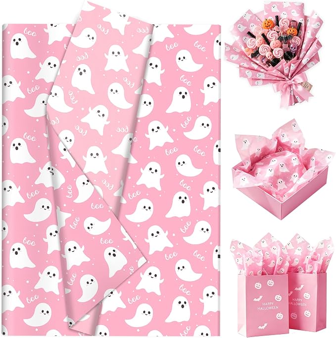 100 Sheets Pink Halloween Tissue Paper, 20x14‘’ Ghost Boo Gift Wrap Paper - skull toilet paper