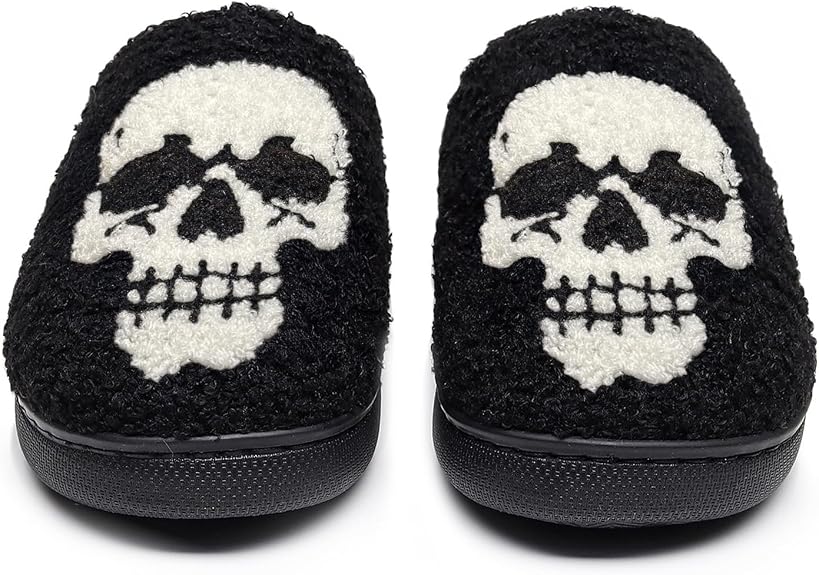 Halloween Christmas Slippers Checkered Scuff for Women and Men Holiday Indoor Bedroom Fluffy Warm Fleece Slippers Winter Soft Cozy Home Non-Slip Soft Plush Slip-on Wool Lined House Shoes - sugar skull costume