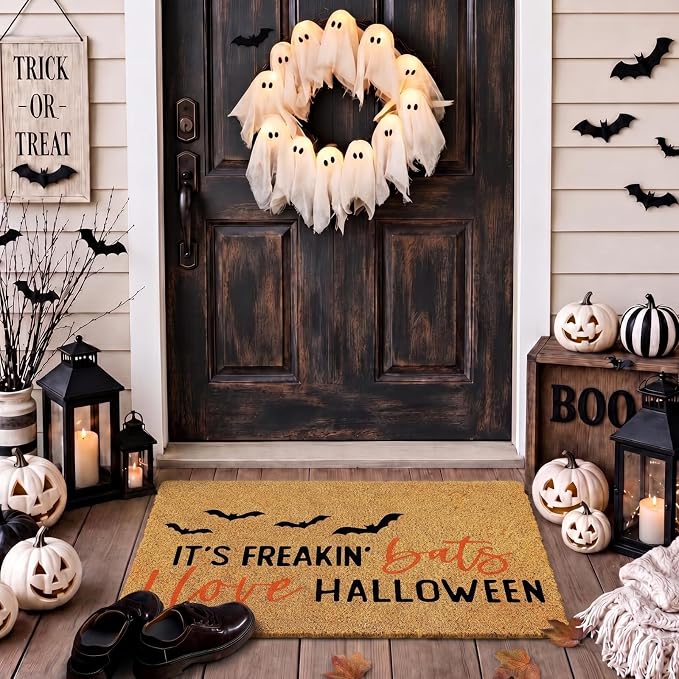 Halloween Coir Doormat It’s Freakin Bats I Love Halloween Door Mat Non Slip Floor Mats Entrance Door Mat for Front Porch Decor, 24 x 16 Inch