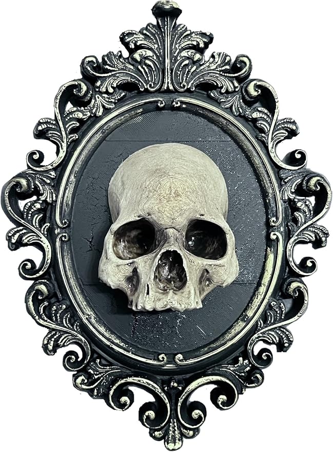 Ornate Victorian Black, Gold and Bone colored Gothic Skull Frame Halloween Hanging Wall Décor by The Grey House, Medium