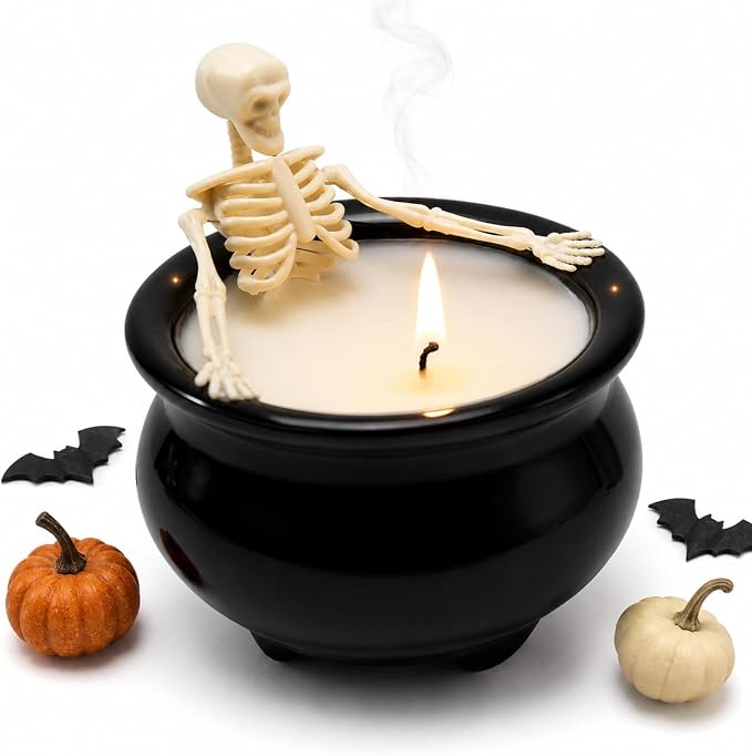 Skeleton Candle Decor Gothic Cauldron Skull Halloween Tabletop Gift Accents - skull candle