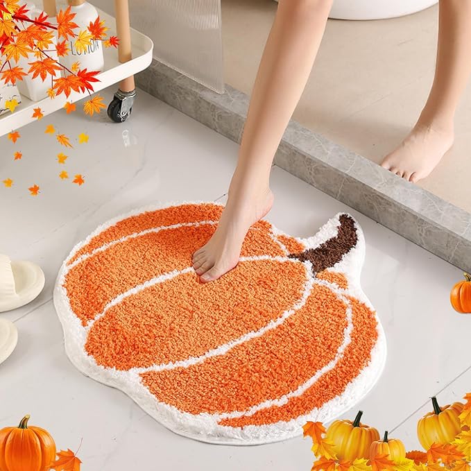 Orange Pumpkin Bath Mat 24×24,Non Slip Halloween Decor Bathroom Rug