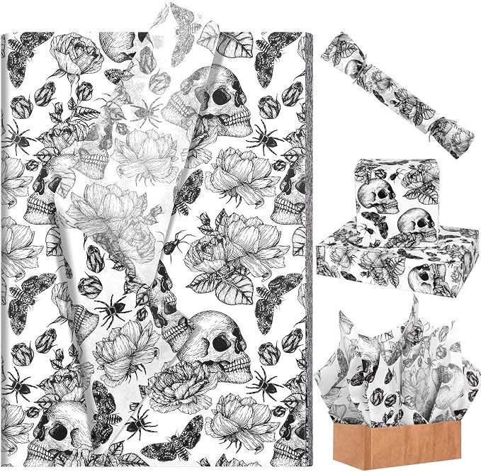 100 Sheets Vintage Skull and Floral Tissue Paper for Gift Wrapping Skull Rose Butterfly Spider Printed Tissue Paper for Gift Bags for Halloween Party DIY Craft, 20 × 14 Inches - skull toilet paper
