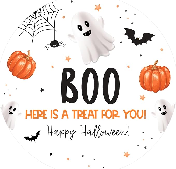 joycraft 60Pcs Happy Halloween Stickers, 2 inch Boo Halloween Stickers, White Round Halloween Holiday Gift Stickers for Goodie Bags Halloween Party Favors Gift Wrapping DIY Craft - skull sticker