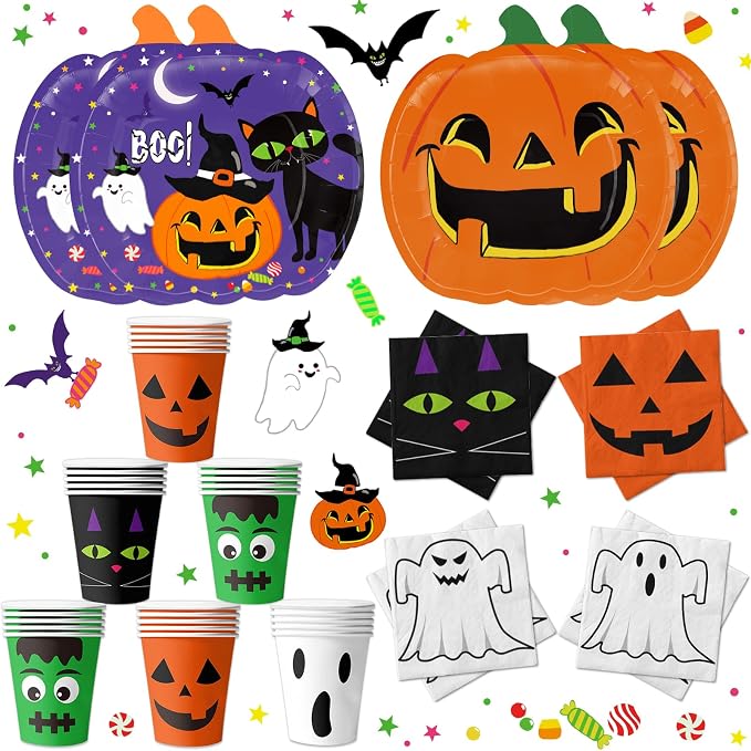 72 PCS Halloween Party Supplies Pumpkin Shaped Disposable Plates Napkins Cups for Halloween Holiday Birthday Baby Shower Party Decorations - skull plate
