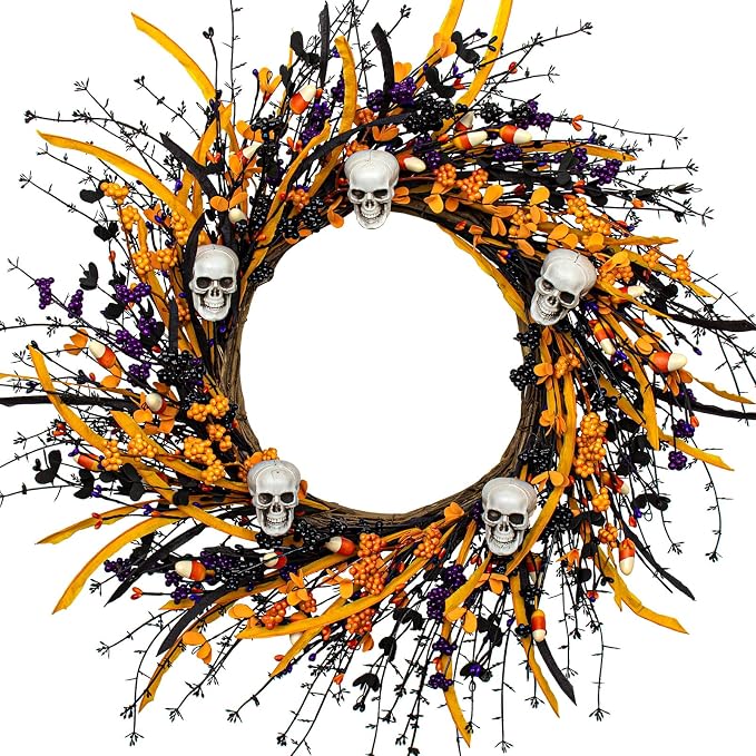 JINGHONG Artificial Halloween Wreath 22 Inch Black Halloween Wreaths for Front Door Skull Wreath with Candy Berries for Party Wall Porch Decor - skull wreath