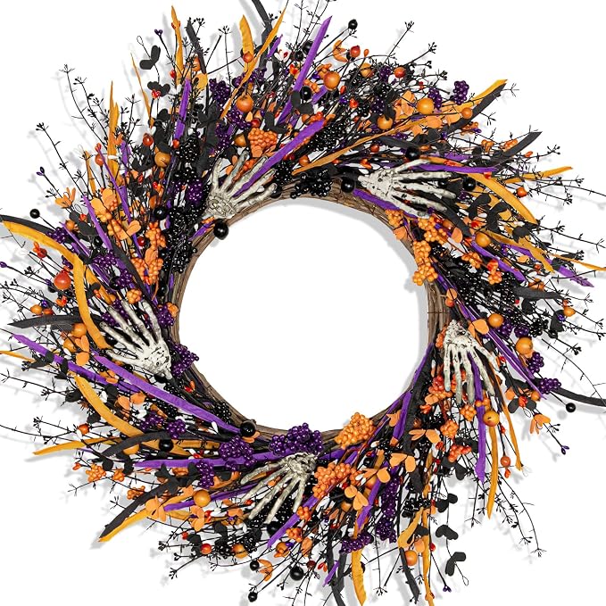 VioletEverGarden Halloween Wreaths for Front Door 22 Inch Skeleton Black Wreath Handmade Halloween Door Wreath with Purple and Orange Berries for Gothic Decorations - skull wreath