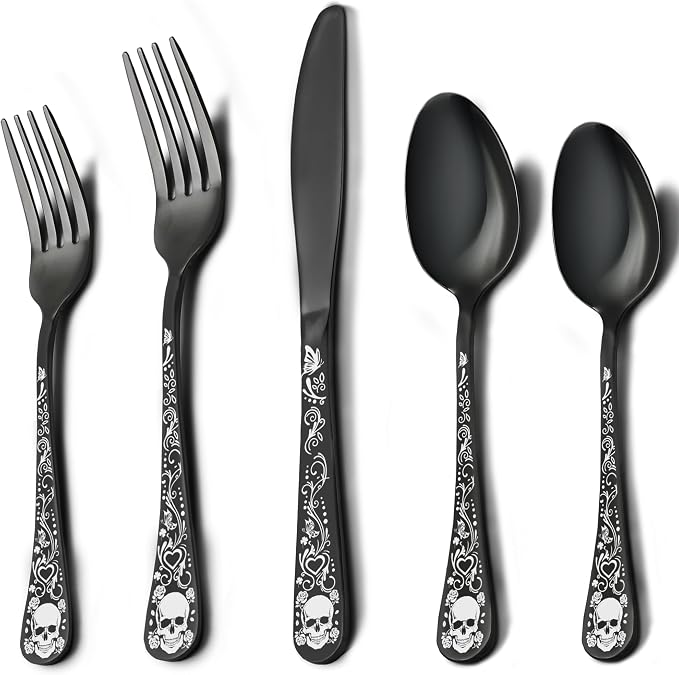 Skull Black Silverware Set for 4, 20-Piece Black Flatware Set, Gothic Skeleton Cutlery for Decoration, Halloween, Christmas, Party, Gift, Housewarming - skull plate